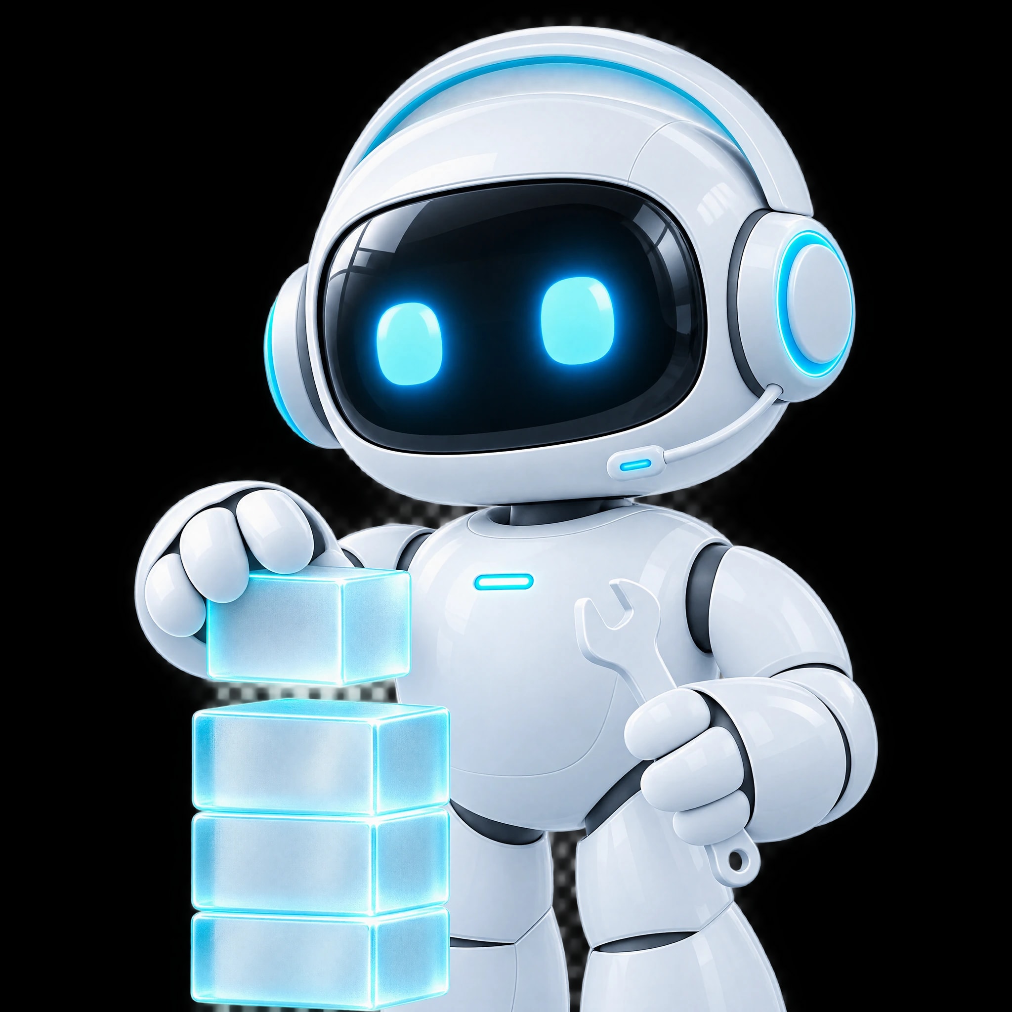 El robot blanco de NBI con una llave y unos bloques de cristal.