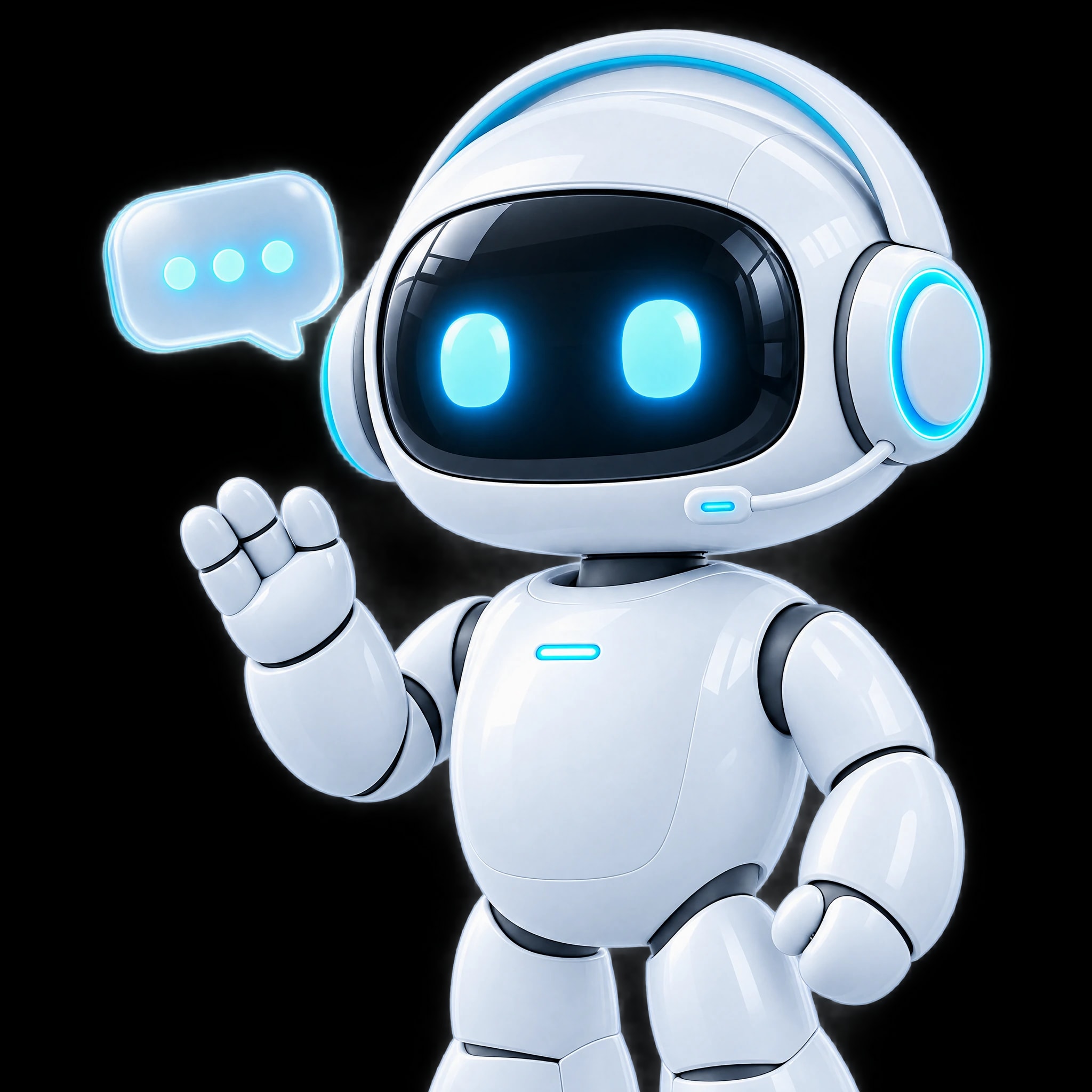 Lagun: el robot blanco de NBI, con auriculares y un bocadillo de chat a su lado.