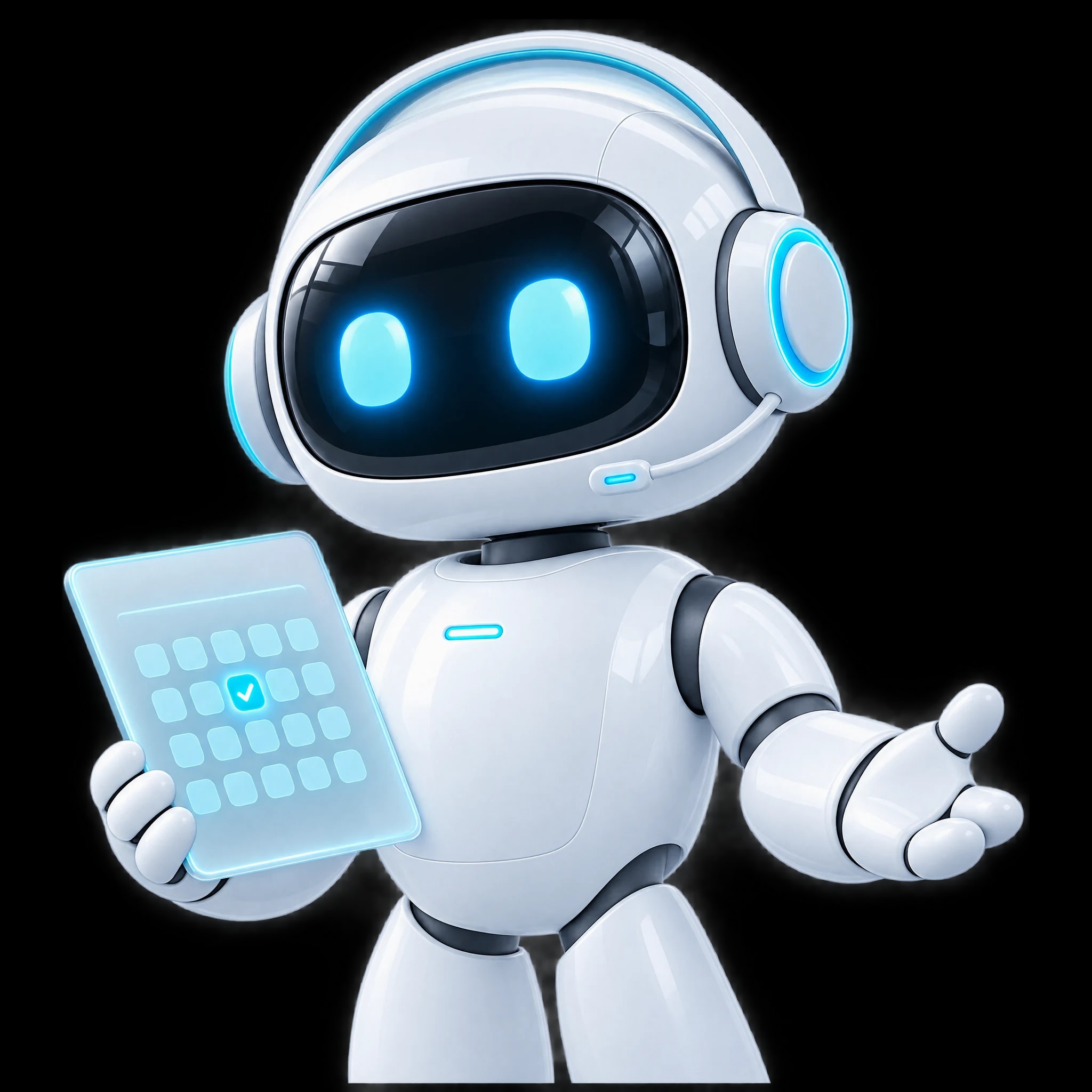 Maître: el robot blanco de NBI, con una tableta de cristal que muestra un calendario.