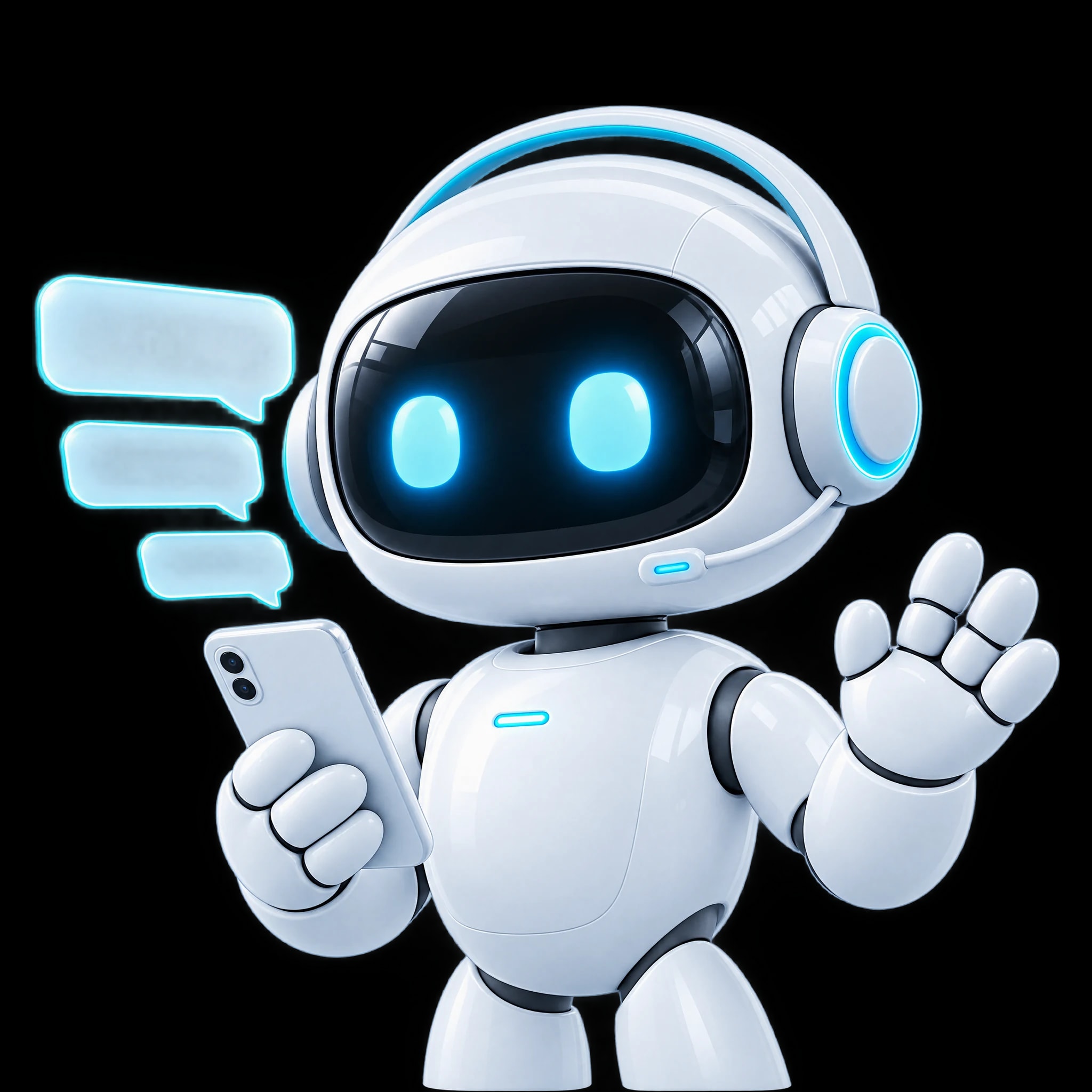 Recepción: el robot blanco de NBI, con un móvil y burbujas de chat de cristal.