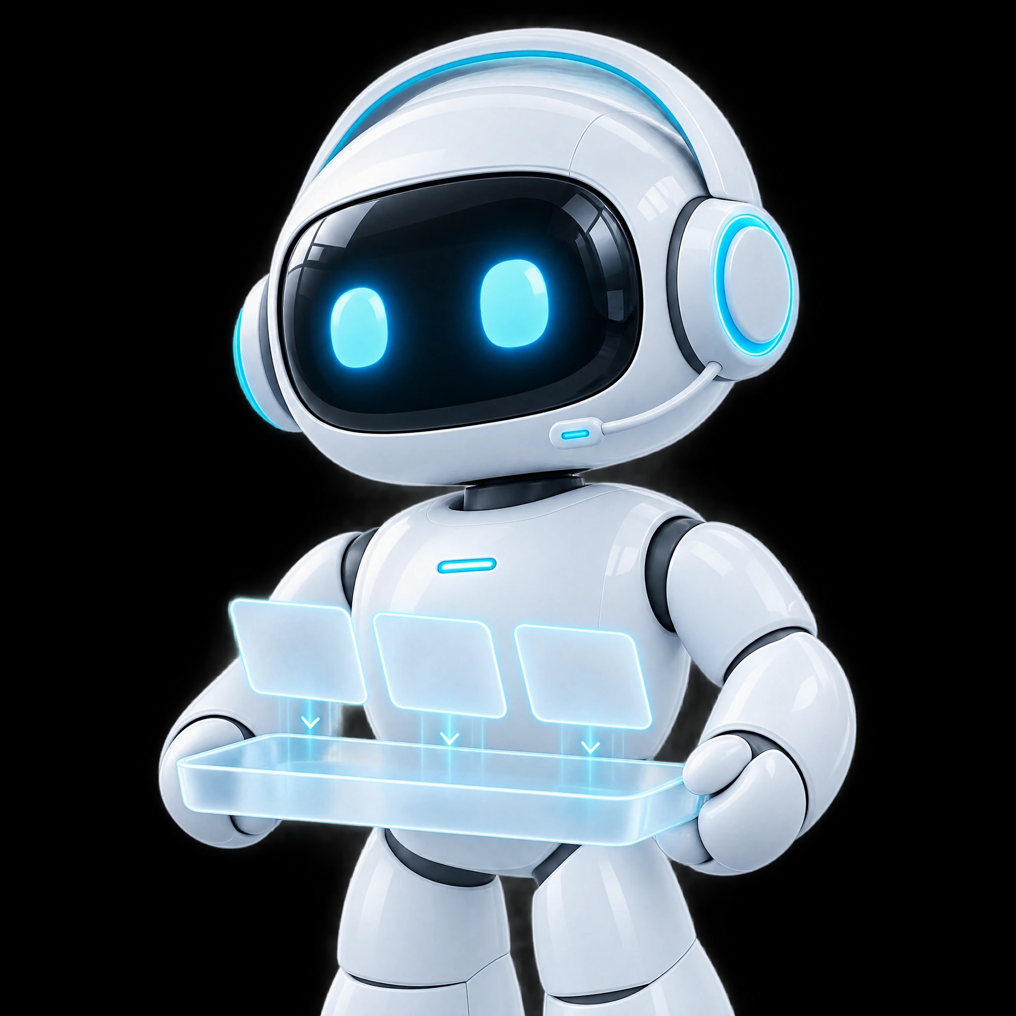 Zuzen: el robot blanco de NBI, con visera negra y ojos cian, sosteniendo una bandeja con tarjetas de cristal.